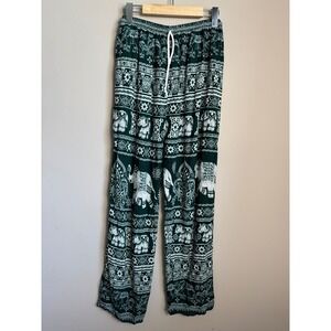 Thai Elephant Print Rayon Wide Leg Lounge Pants L Green Boho Hippie‎ Festival